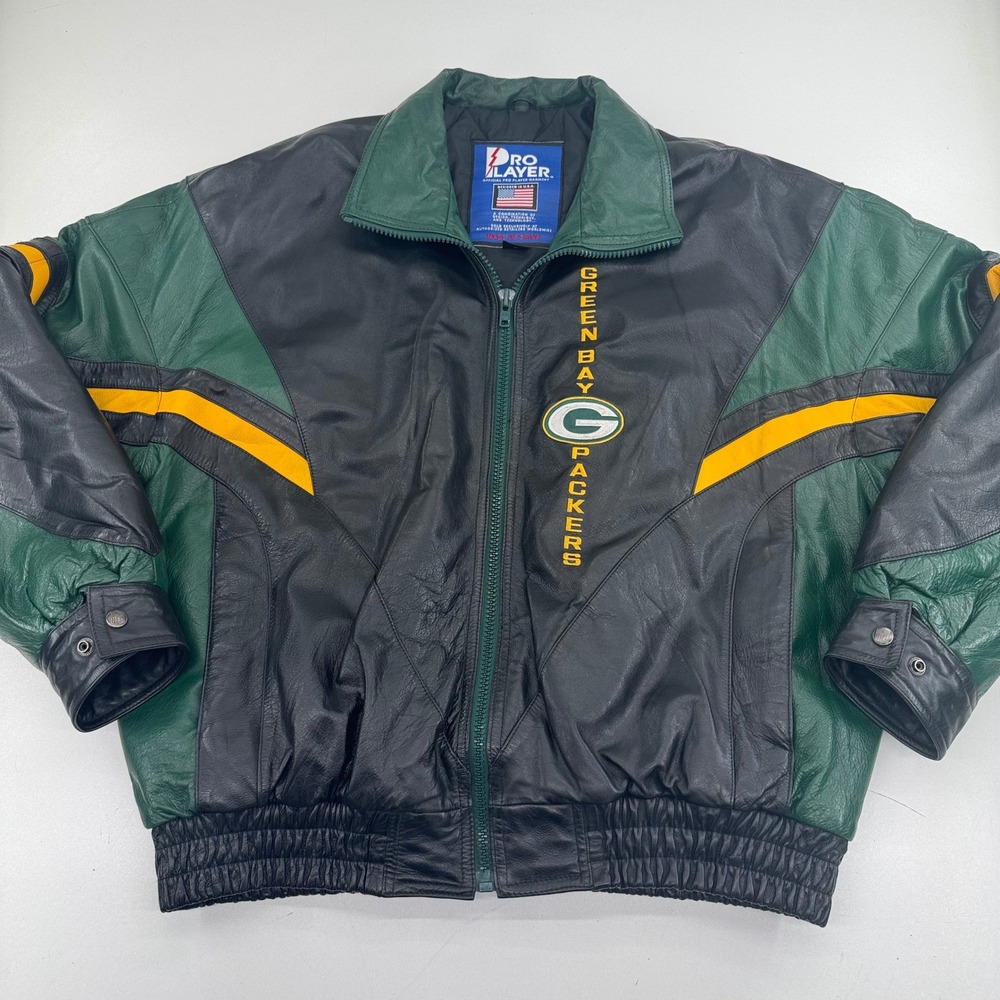 Vintage Pro Player Green Bay Packers Leather Jacket Mens XL Colorblock NFL Zip